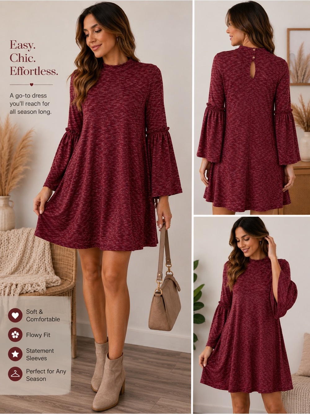 Bell Sleeve Swing Mini Dress in Burgundy